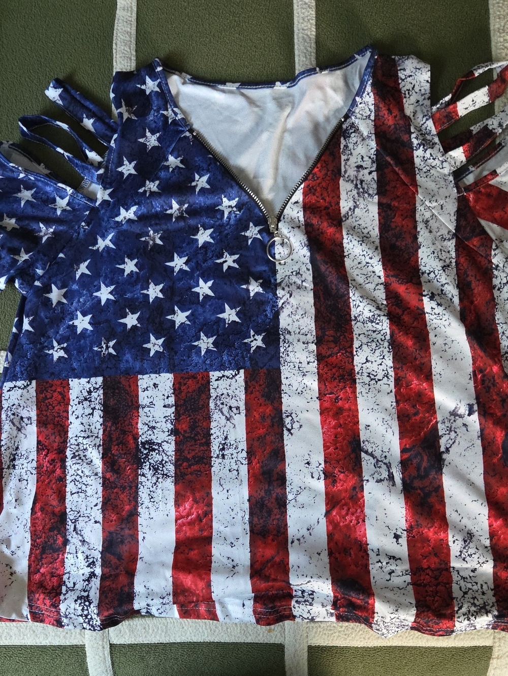 Cutout Sleeve American Flag Zip-Front Tank Top - Red, White & Blue.